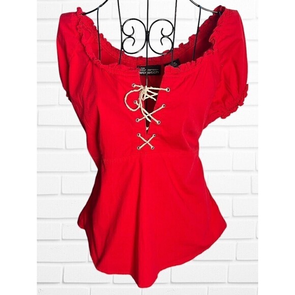 No Boundaries Stretch Junior Women's Size 1X Shirt‎ Y2k Zie-Up Peasant Style Red - Picture 1 of 9